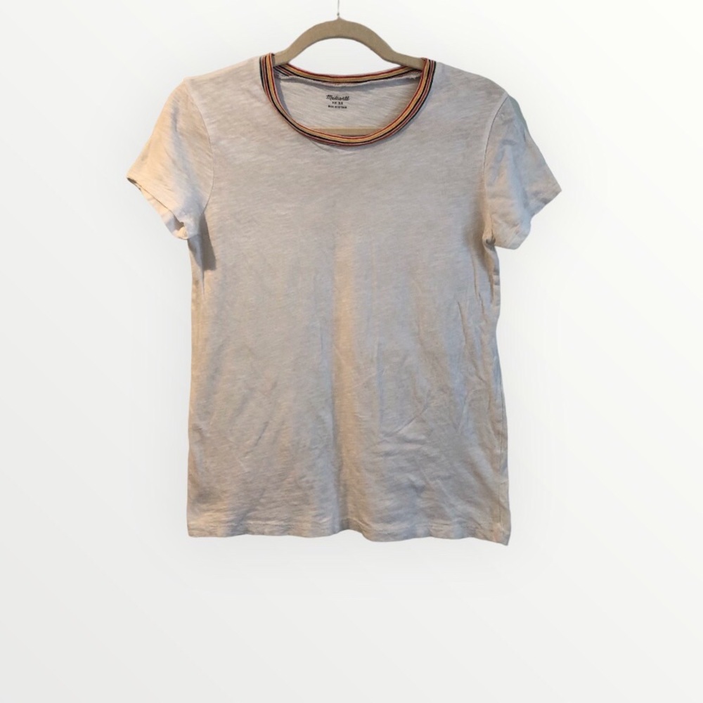 Madewell white t shirt rainbow stripped collar